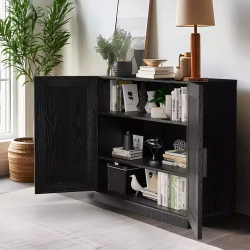 31 Mobiletto credenza in legno moderno con 2 ante e ripiano regolabile per soggiorno, sala da pranzo, ingresso, nero
