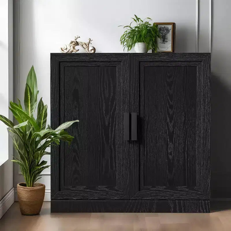 31 Mobiletto credenza in legno moderno con 2 ante e ripiano regolabile per soggiorno, sala da pranzo, ingresso, nero
