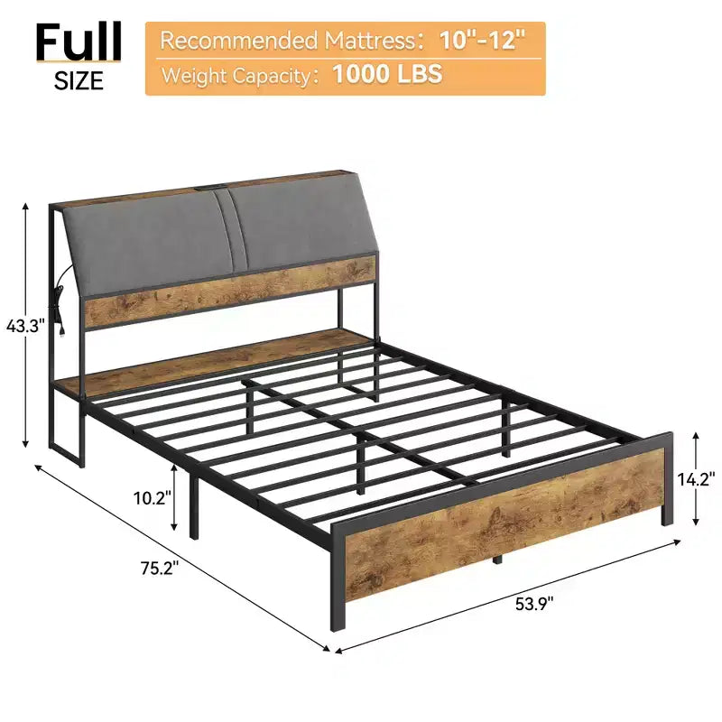 Struttura letto a piattaforma matrimoniale con testiera ergonomica imbottita, piattaforma in metallo, silenzioso, non richiede rete a molle