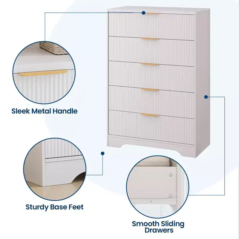 Cassettiera a 5 cassetti scanalata per camera da letto, cassettiera moderna alta 120 cm con maniglie in metallo dorato, cassettiera in legno per armadio, corridoio, ingresso