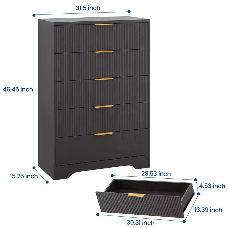 Cassettiera a 5 cassetti scanalata per camera da letto, cassettiera moderna alta 120 cm con maniglie in metallo dorato, cassettiera in legno per armadio, corridoio, ingresso