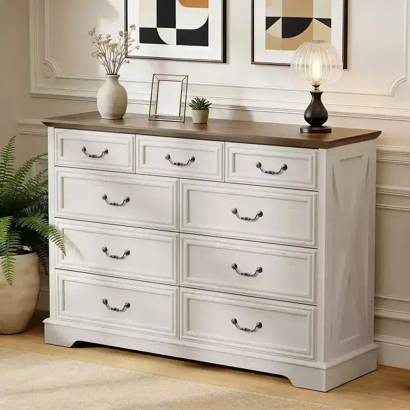 Cassettiera rustica a 9 cassetti, 132 cm di larghezza, con piano in legno, ampio spazio contenitivo e maniglie in metallo, organizer per camera da letto e porta TV