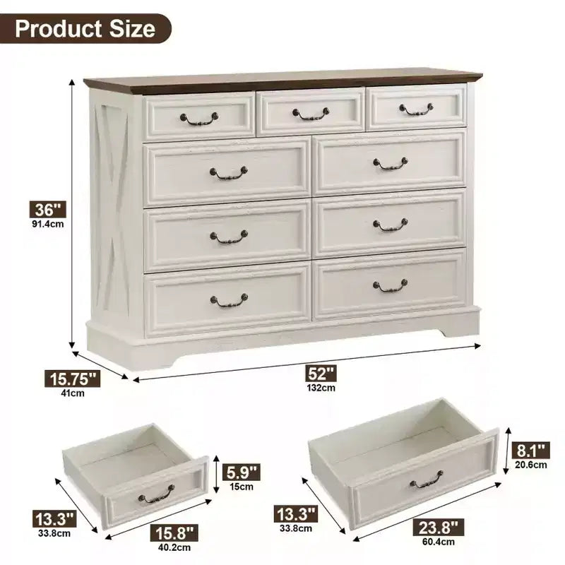 Cassettiera rustica a 9 cassetti, 132 cm di larghezza, con piano in legno, ampio spazio contenitivo e maniglie in metallo, organizer per camera da letto e porta TV