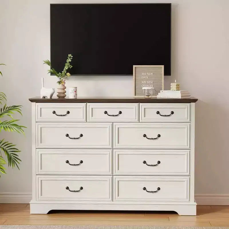 Cassettiera rustica a 9 cassetti, 132 cm di larghezza, con piano in legno, ampio spazio contenitivo e maniglie in metallo, organizer per camera da letto e porta TV