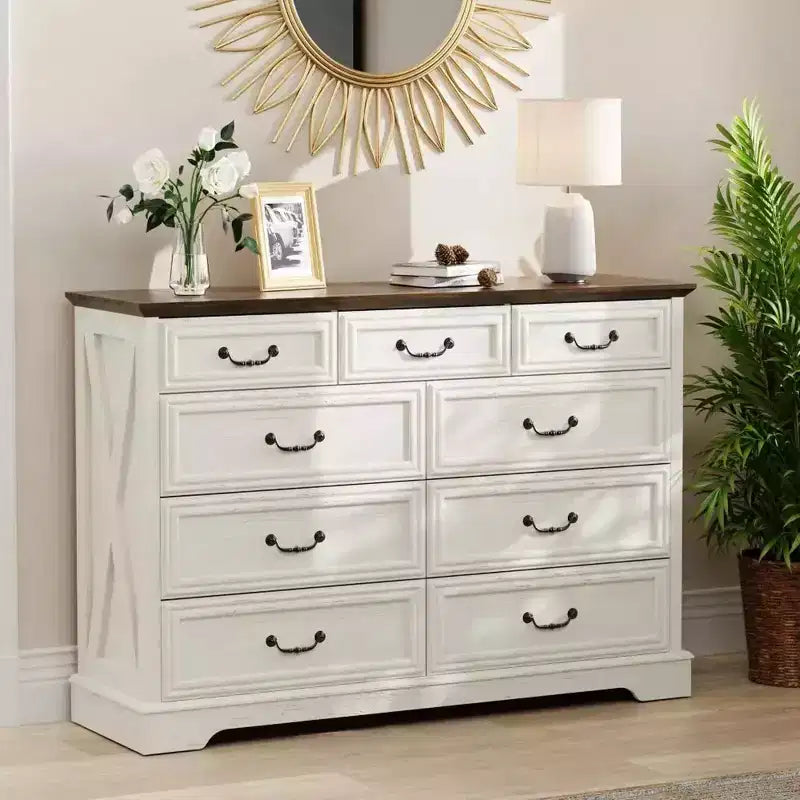 Cassettiera rustica a 9 cassetti, 132 cm di larghezza, con piano in legno, ampio spazio contenitivo e maniglie in metallo, organizer per camera da letto e porta TV
