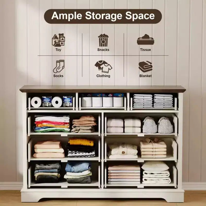 Cassettiera rustica a 9 cassetti, 132 cm di larghezza, con piano in legno, ampio spazio contenitivo e maniglie in metallo, organizer per camera da letto e porta TV