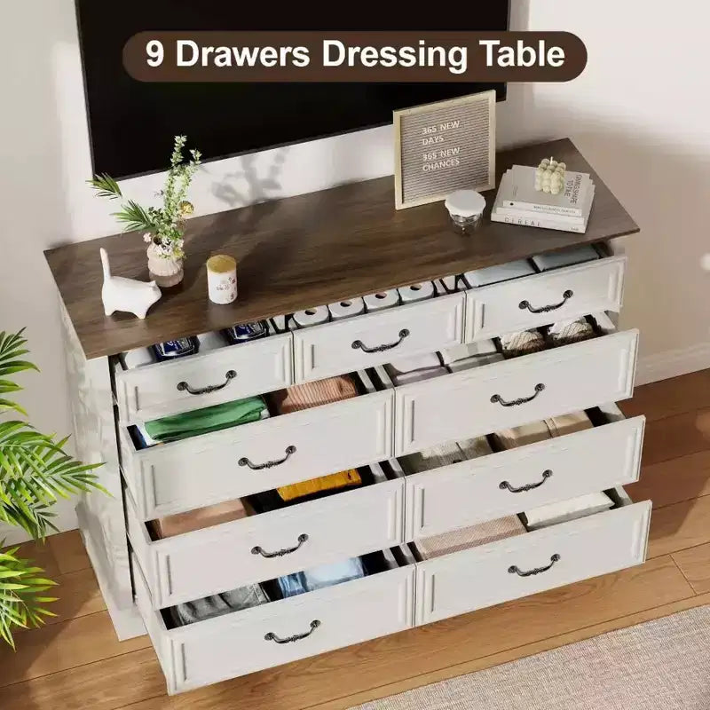 Cassettiera rustica a 9 cassetti, 132 cm di larghezza, con piano in legno, ampio spazio contenitivo e maniglie in metallo, organizer per camera da letto e porta TV