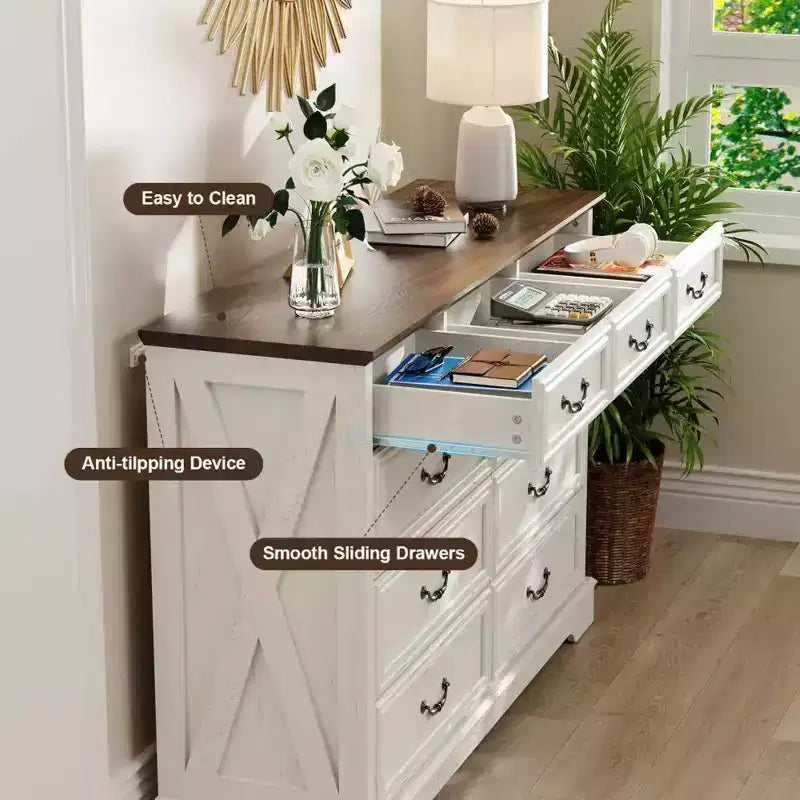 Cassettiera rustica a 9 cassetti, 132 cm di larghezza, con piano in legno, ampio spazio contenitivo e maniglie in metallo, organizer per camera da letto e porta TV