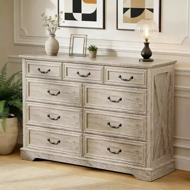 Cassettiera rustica a 9 cassetti, 132 cm di larghezza, con piano in legno, ampio spazio contenitivo e maniglie in metallo, organizer per camera da letto e porta TV