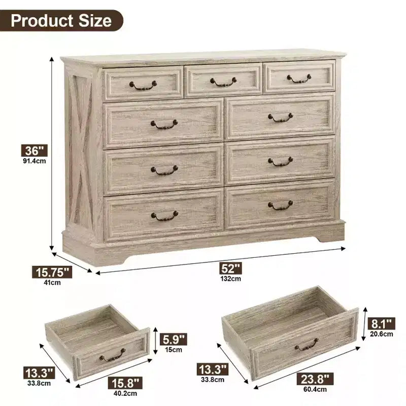 Cassettiera rustica a 9 cassetti, 132 cm di larghezza, con piano in legno, ampio spazio contenitivo e maniglie in metallo, organizer per camera da letto e porta TV
