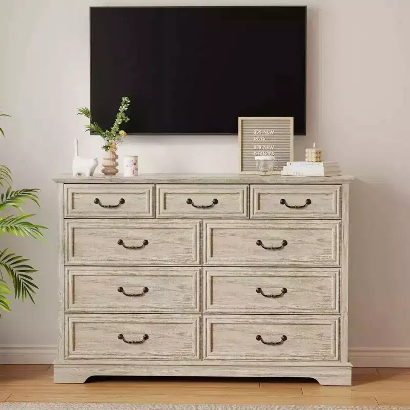 Cassettiera rustica a 9 cassetti, 132 cm di larghezza, con piano in legno, ampio spazio contenitivo e maniglie in metallo, organizer per camera da letto e porta TV