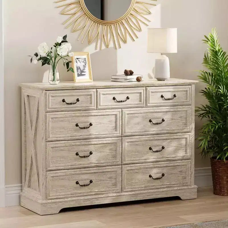 Cassettiera rustica a 9 cassetti, 132 cm di larghezza, con piano in legno, ampio spazio contenitivo e maniglie in metallo, organizer per camera da letto e porta TV