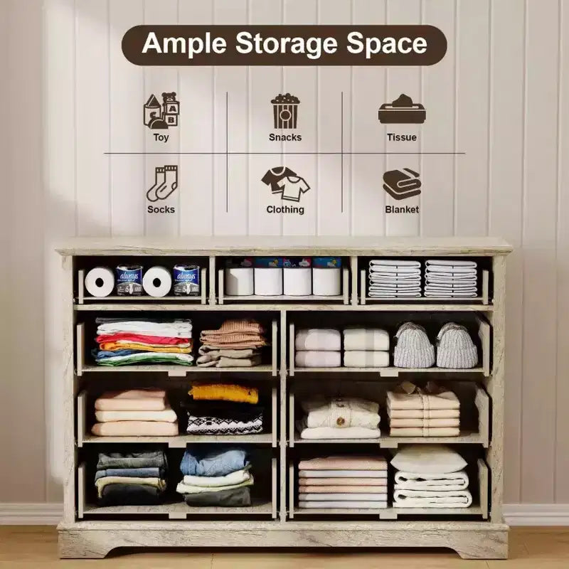 Cassettiera rustica a 9 cassetti, 132 cm di larghezza, con piano in legno, ampio spazio contenitivo e maniglie in metallo, organizer per camera da letto e porta TV