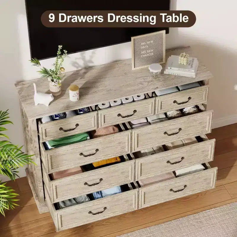 Cassettiera rustica a 9 cassetti, 132 cm di larghezza, con piano in legno, ampio spazio contenitivo e maniglie in metallo, organizer per camera da letto e porta TV