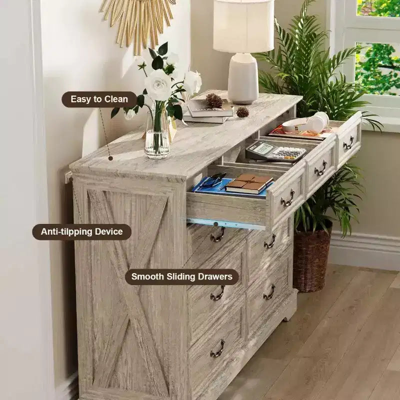 Cassettiera rustica a 9 cassetti, 132 cm di larghezza, con piano in legno, ampio spazio contenitivo e maniglie in metallo, organizer per camera da letto e porta TV