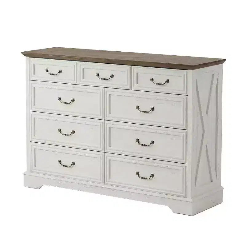 Cassettiera rustica a 9 cassetti, 132 cm di larghezza, con piano in legno, ampio spazio contenitivo e maniglie in metallo, organizer per camera da letto e porta TV