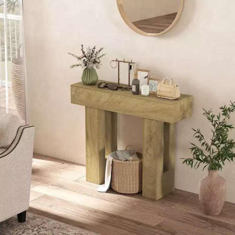 Consolle, Tavolino Stretto da Divano, Tavolo d'Ingresso Stile Rustico per Soggiorno, Corridoio, Ingresso, Quercia