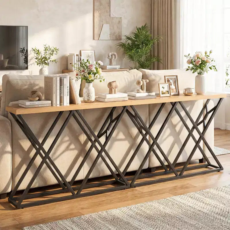 Console industriale da 55'' con struttura in metallo massiccio e ripiani, tavolino da divano rustico