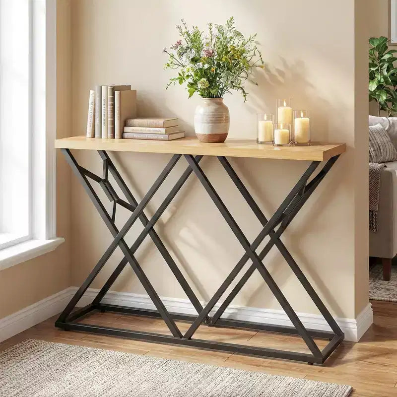 Console industriale da 55'' con struttura in metallo massiccio e ripiani, tavolino da divano rustico