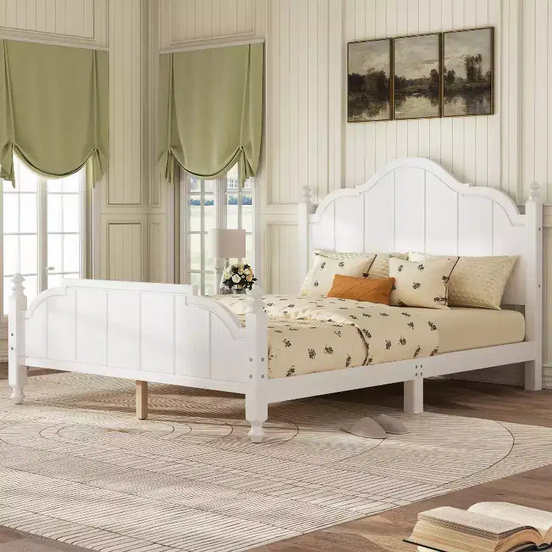 Struttura letto matrimoniale con testiera, letto a piattaforma in legno vintage con supporto a doghe, bianco