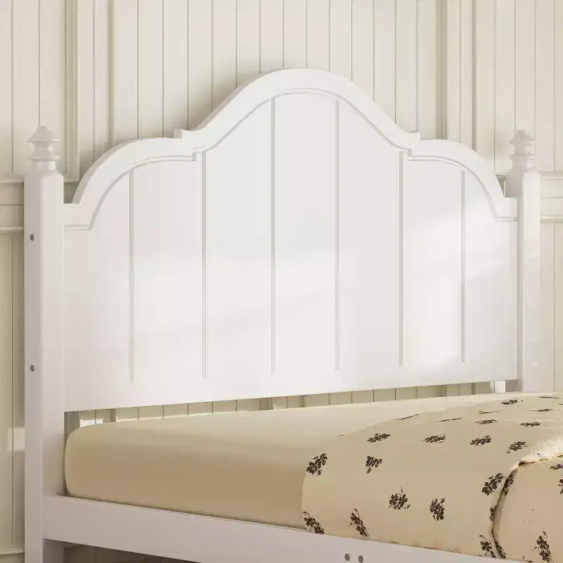 Struttura letto matrimoniale con testiera, letto a piattaforma in legno vintage con supporto a doghe, bianco