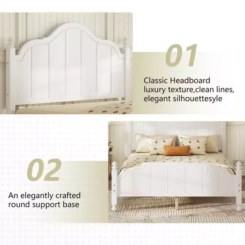 Struttura letto matrimoniale con testiera, letto a piattaforma in legno vintage con supporto a doghe, bianco