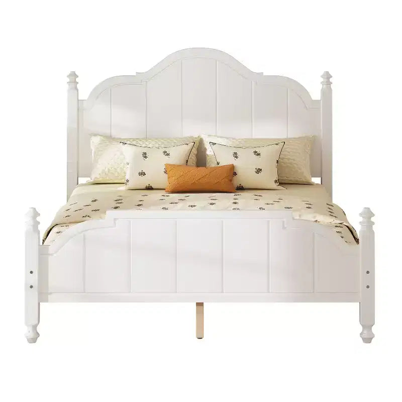 Struttura letto matrimoniale con testiera, letto a piattaforma in legno vintage con supporto a doghe, bianco