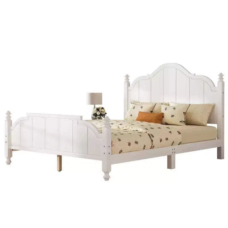 Struttura letto matrimoniale con testiera, letto a piattaforma in legno vintage con supporto a doghe, bianco