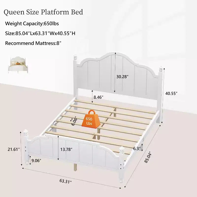 Struttura letto matrimoniale con testiera, letto a piattaforma in legno vintage con supporto a doghe, bianco