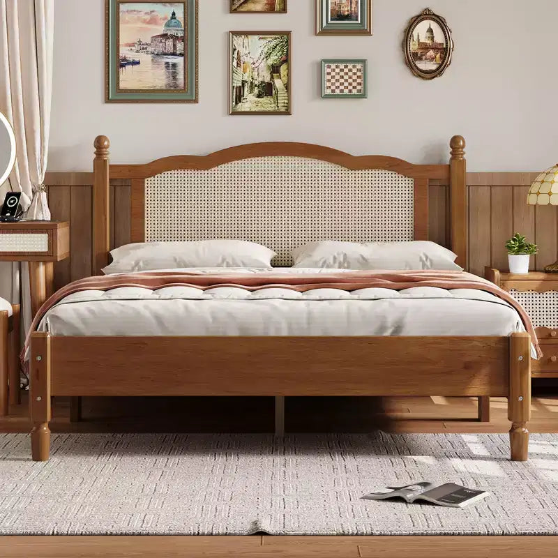 Queen Wooden Platform Bed with Natural Rattan Headboard, Vintage Bed Frame with Slat Support, Walnut