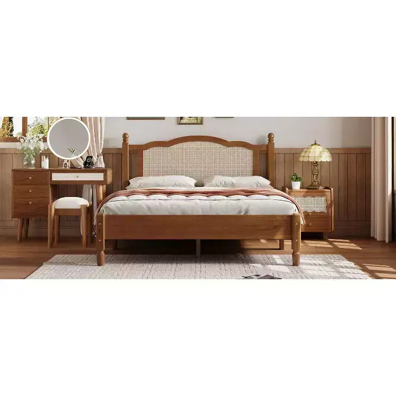 Letto matrimoniale con struttura in legno e testiera in rattan naturale, telaio vintage con supporto a doghe, noce
