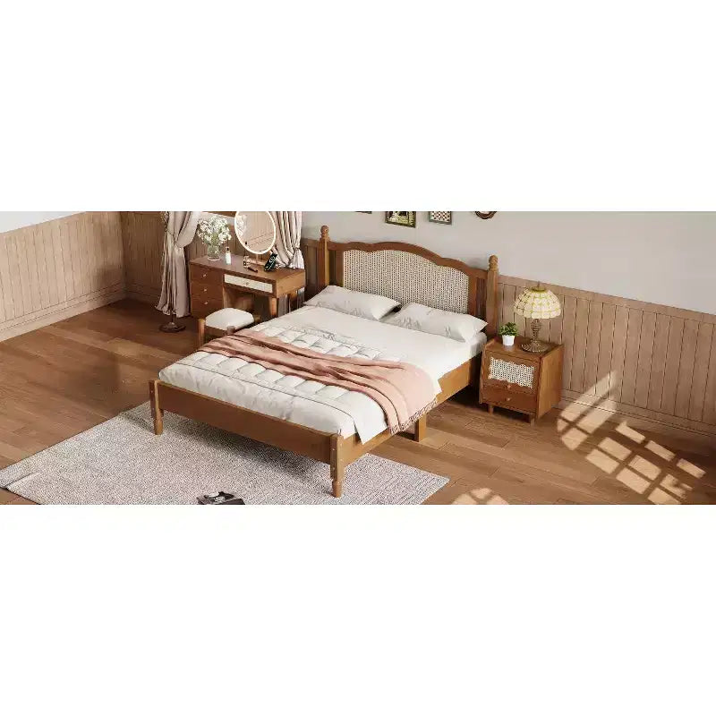 Letto matrimoniale con struttura in legno e testiera in rattan naturale, telaio vintage con supporto a doghe, noce