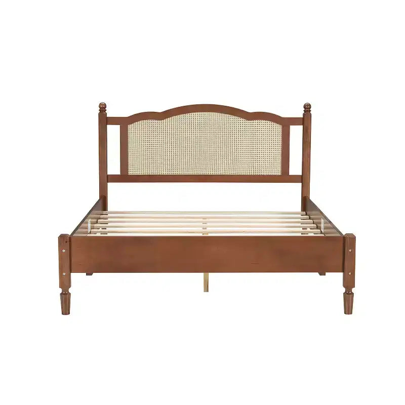 Letto matrimoniale con struttura in legno e testiera in rattan naturale, telaio vintage con supporto a doghe, noce