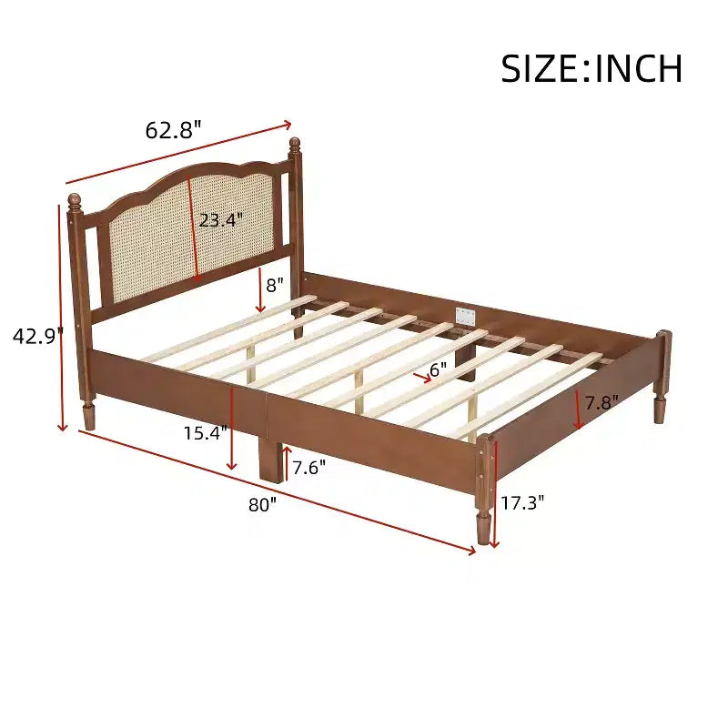 Letto matrimoniale con struttura in legno e testiera in rattan naturale, telaio vintage con supporto a doghe, noce