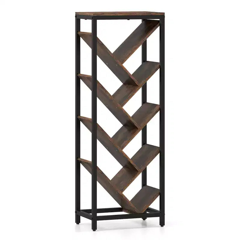 Libreria ad Albero a 9 Ripiani, Libreria Autoportante Angolare Sottile, Scaffale Espositivo per la Casa, Marrone Rustico e Nero / Bianco e Oro