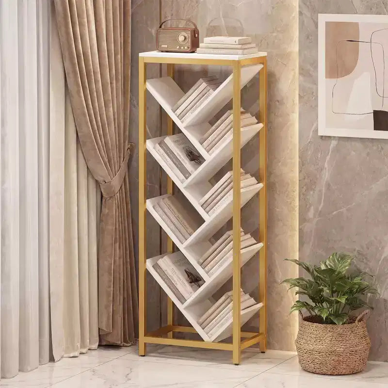Libreria ad Albero a 9 Ripiani, Libreria Autoportante Angolare Sottile, Scaffale Espositivo per la Casa, Marrone Rustico e Nero / Bianco e Oro