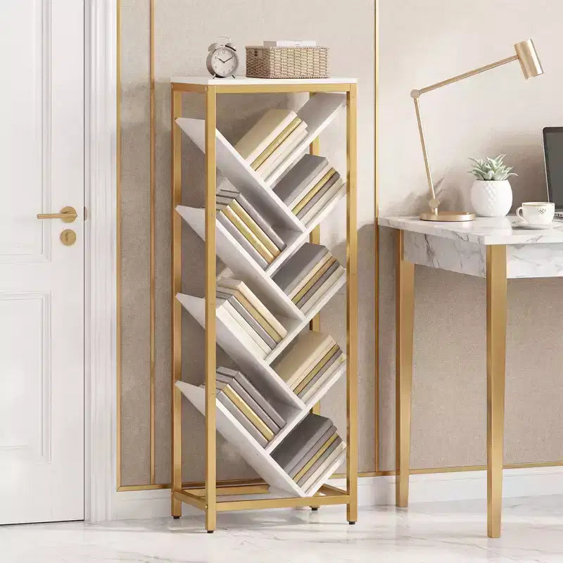 Libreria ad Albero a 9 Ripiani, Libreria Autoportante Angolare Sottile, Scaffale Espositivo per la Casa, Marrone Rustico e Nero / Bianco e Oro