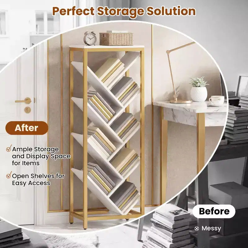 Libreria ad Albero a 9 Ripiani, Libreria Autoportante Angolare Sottile, Scaffale Espositivo per la Casa, Marrone Rustico e Nero / Bianco e Oro