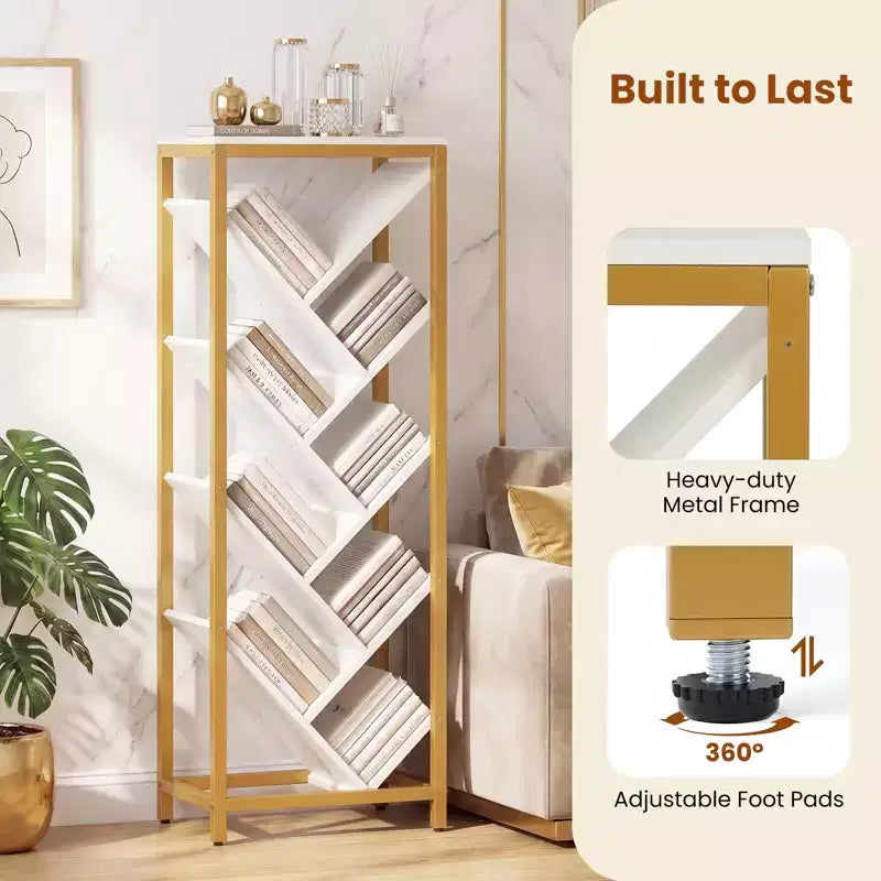 Libreria ad Albero a 9 Ripiani, Libreria Autoportante Angolare Sottile, Scaffale Espositivo per la Casa, Marrone Rustico e Nero / Bianco e Oro