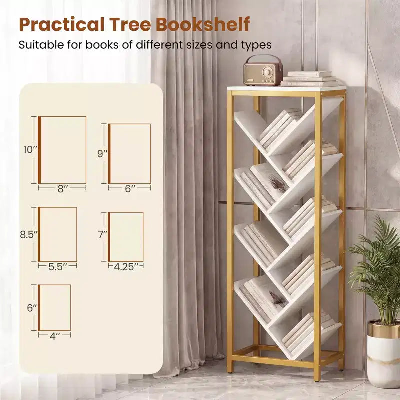 Libreria ad Albero a 9 Ripiani, Libreria Autoportante Angolare Sottile, Scaffale Espositivo per la Casa, Marrone Rustico e Nero / Bianco e Oro