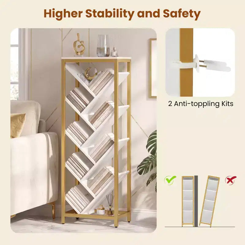 Libreria ad Albero a 9 Ripiani, Libreria Autoportante Angolare Sottile, Scaffale Espositivo per la Casa, Marrone Rustico e Nero / Bianco e Oro