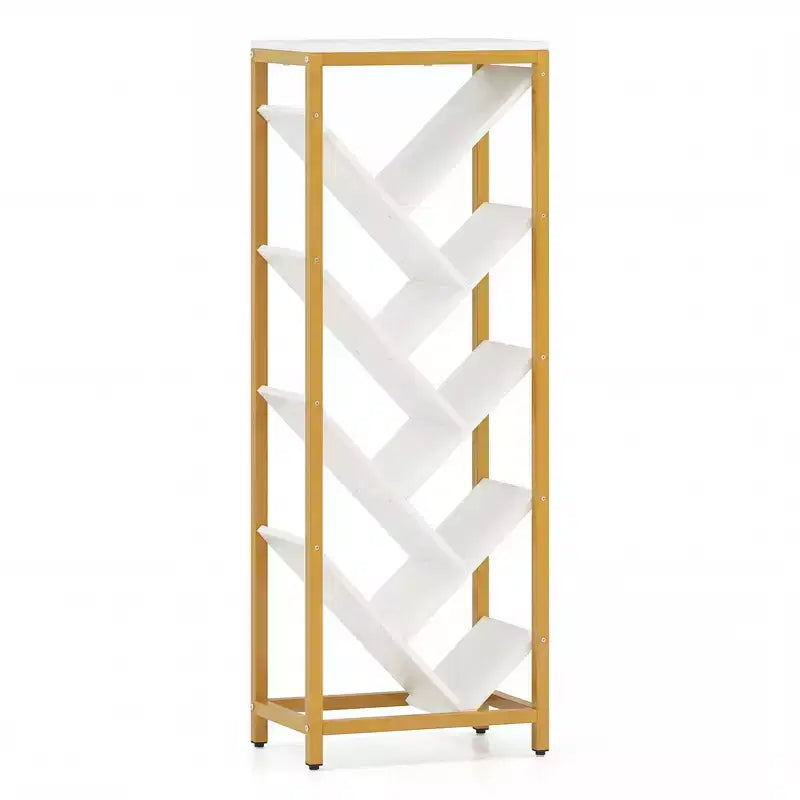 Libreria ad Albero a 9 Ripiani, Libreria Autoportante Angolare Sottile, Scaffale Espositivo per la Casa, Marrone Rustico e Nero / Bianco e Oro