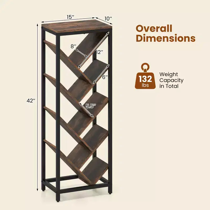 Libreria ad Albero a 9 Ripiani, Libreria Autoportante Angolare Sottile, Scaffale Espositivo per la Casa, Marrone Rustico e Nero / Bianco e Oro