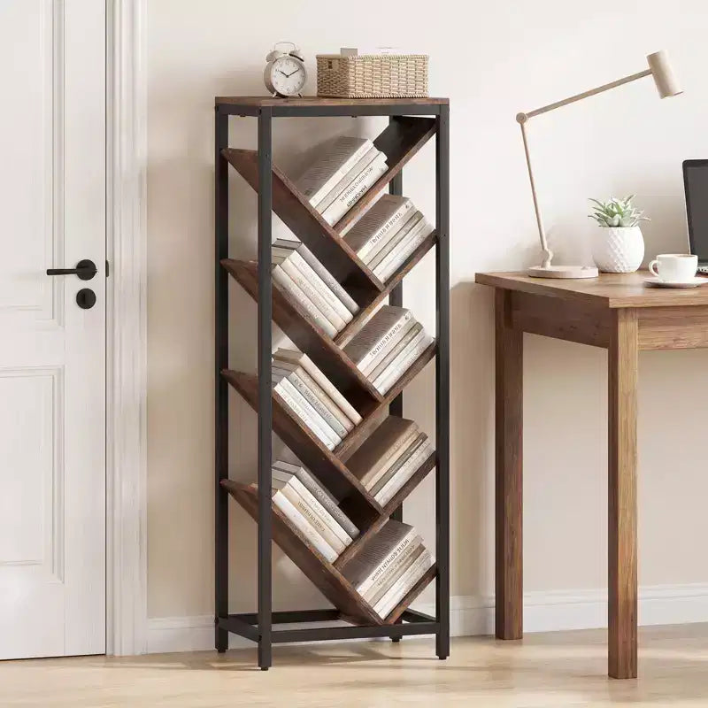 Libreria ad Albero a 9 Ripiani, Libreria Autoportante Angolare Sottile, Scaffale Espositivo per la Casa, Marrone Rustico e Nero / Bianco e Oro