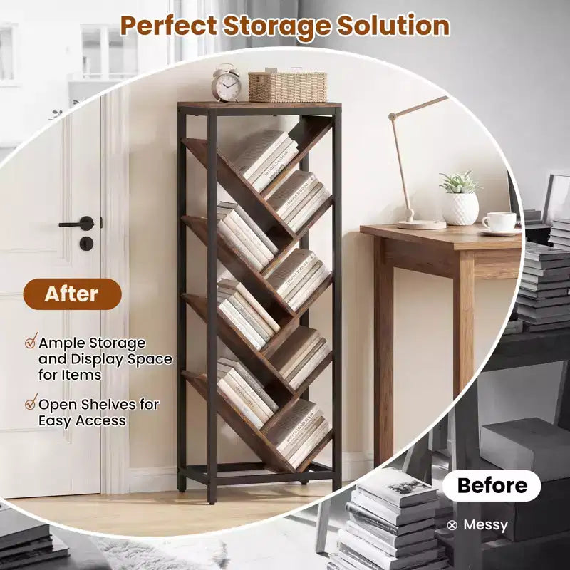 Libreria ad Albero a 9 Ripiani, Libreria Autoportante Angolare Sottile, Scaffale Espositivo per la Casa, Marrone Rustico e Nero / Bianco e Oro