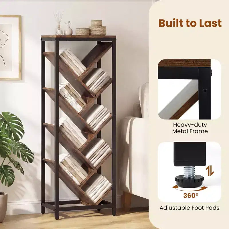 Libreria ad Albero a 9 Ripiani, Libreria Autoportante Angolare Sottile, Scaffale Espositivo per la Casa, Marrone Rustico e Nero / Bianco e Oro