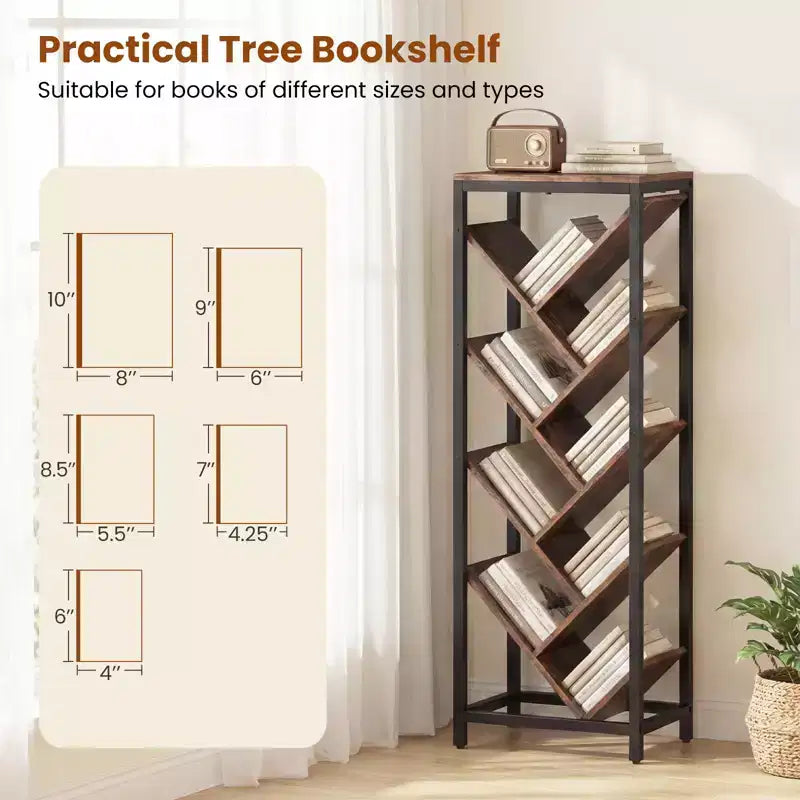 Libreria ad Albero a 9 Ripiani, Libreria Autoportante Angolare Sottile, Scaffale Espositivo per la Casa, Marrone Rustico e Nero / Bianco e Oro