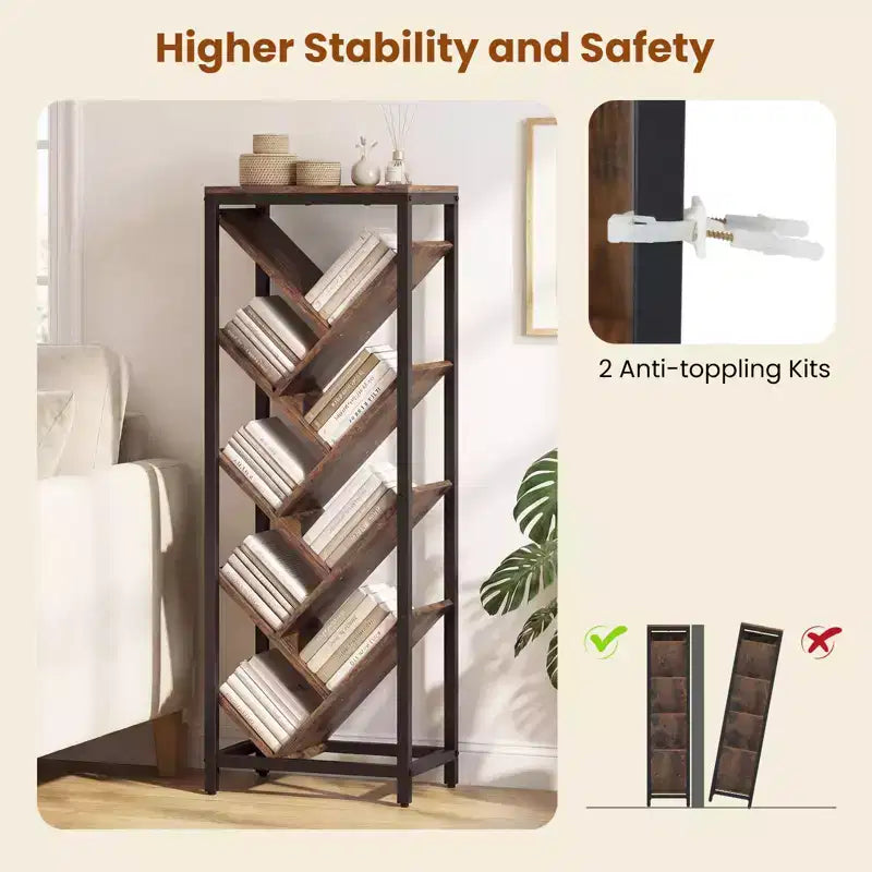 Libreria ad Albero a 9 Ripiani, Libreria Autoportante Angolare Sottile, Scaffale Espositivo per la Casa, Marrone Rustico e Nero / Bianco e Oro
