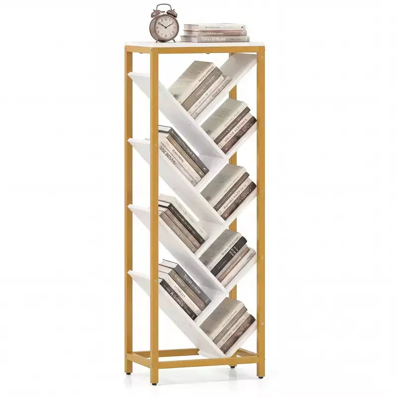 Libreria ad Albero a 9 Ripiani, Libreria Autoportante Angolare Sottile, Scaffale Espositivo per la Casa, Marrone Rustico e Nero / Bianco e Oro
