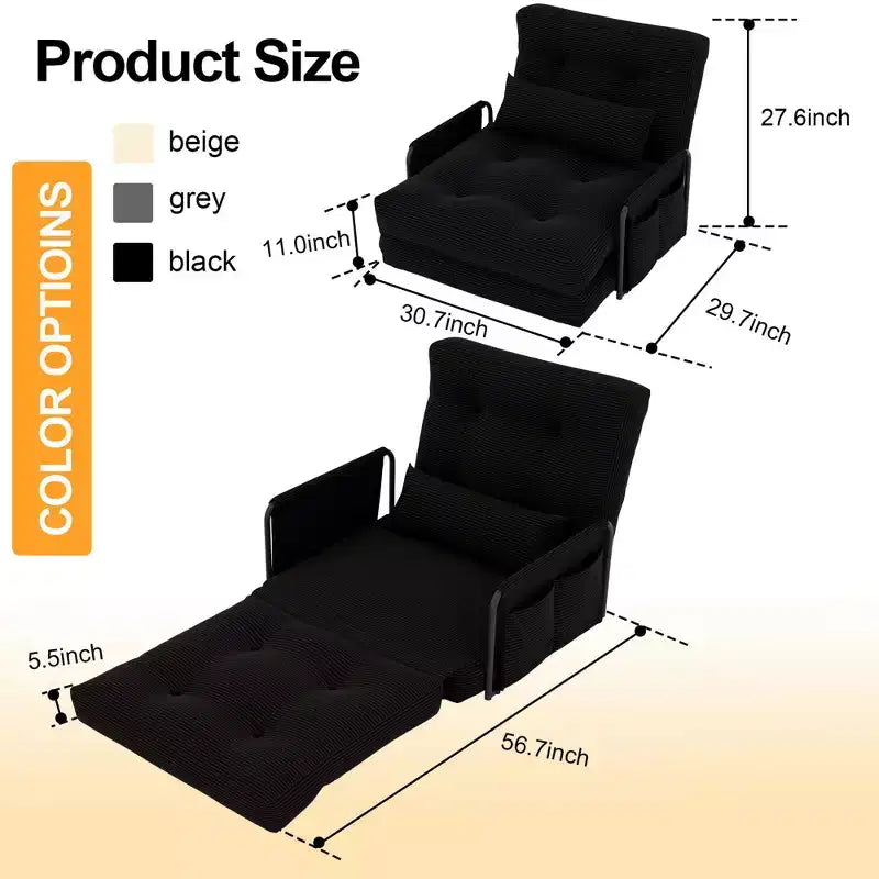 Divano Letto Pieghevole Monoposto, Divano Letto Pieghevole 2 in 1 con Cuscini, Schienale Regolabile, Bracciolo e Borsa portaoggetti